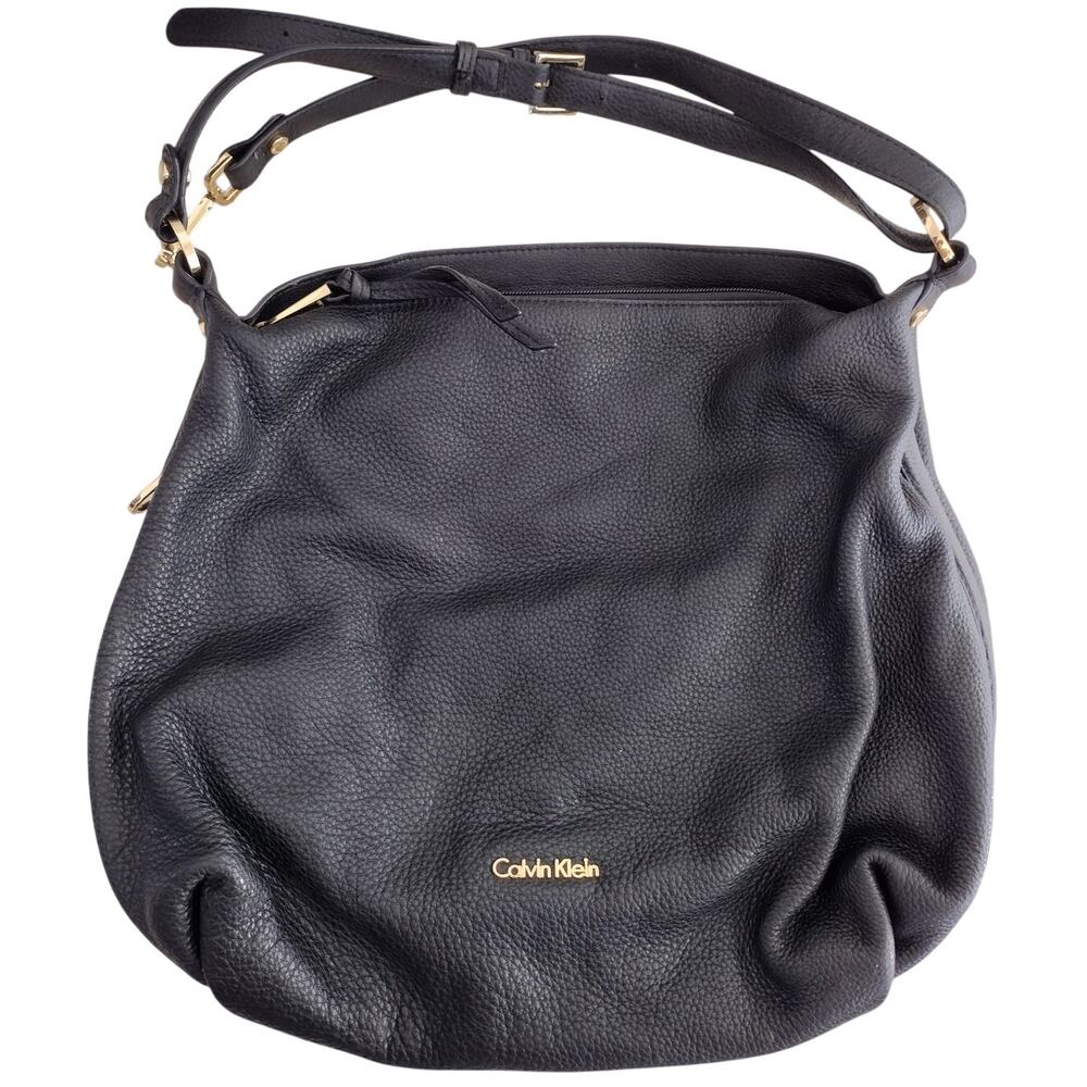 Calvin Klein Black Pebble Leather Gold Hardware Slouchy Hobo Shoulder Bag Purse